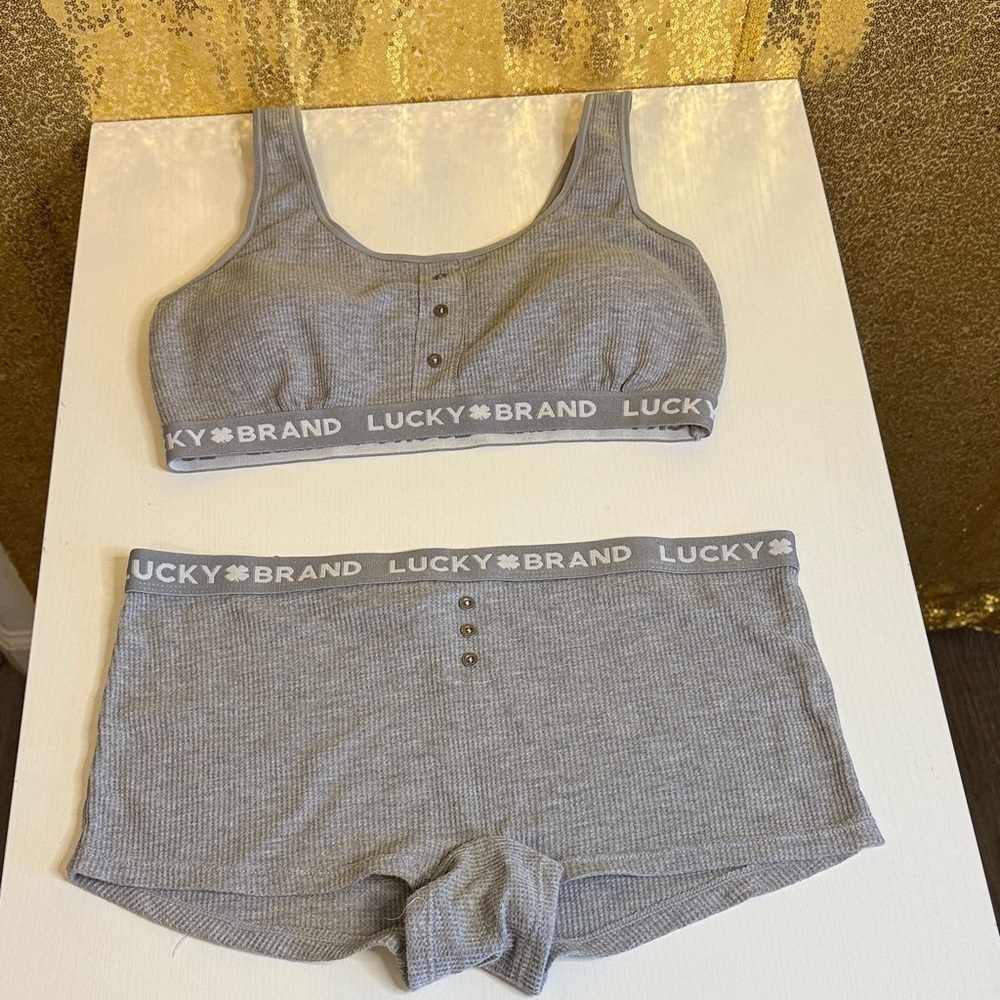 Lucky Brand Gray Padded Ribbed Bra and boyshort set sleepwear
